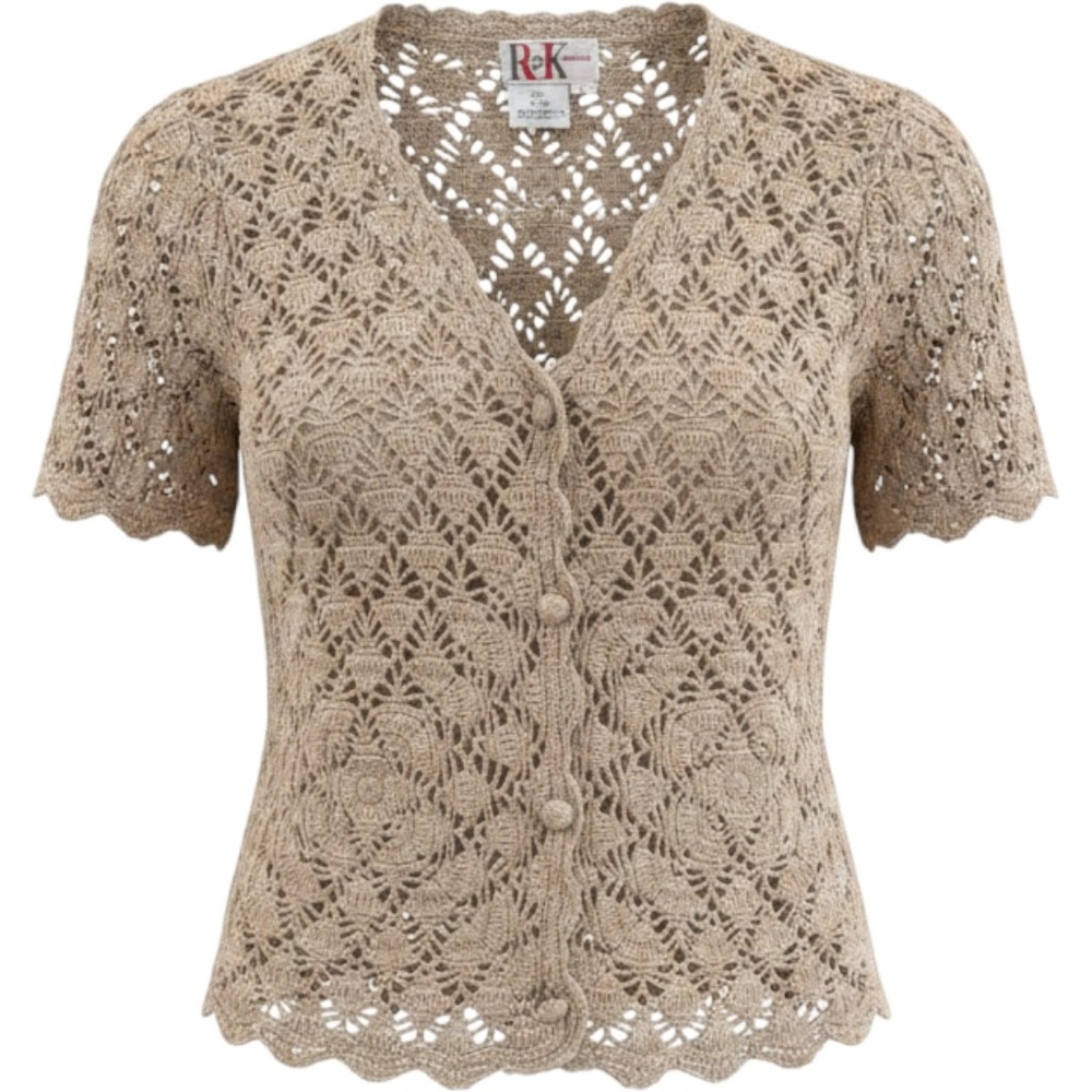 R&K Originals Cardigan Sweater Womens 14 Beige Crochet Knit Vintage Cottagecore
